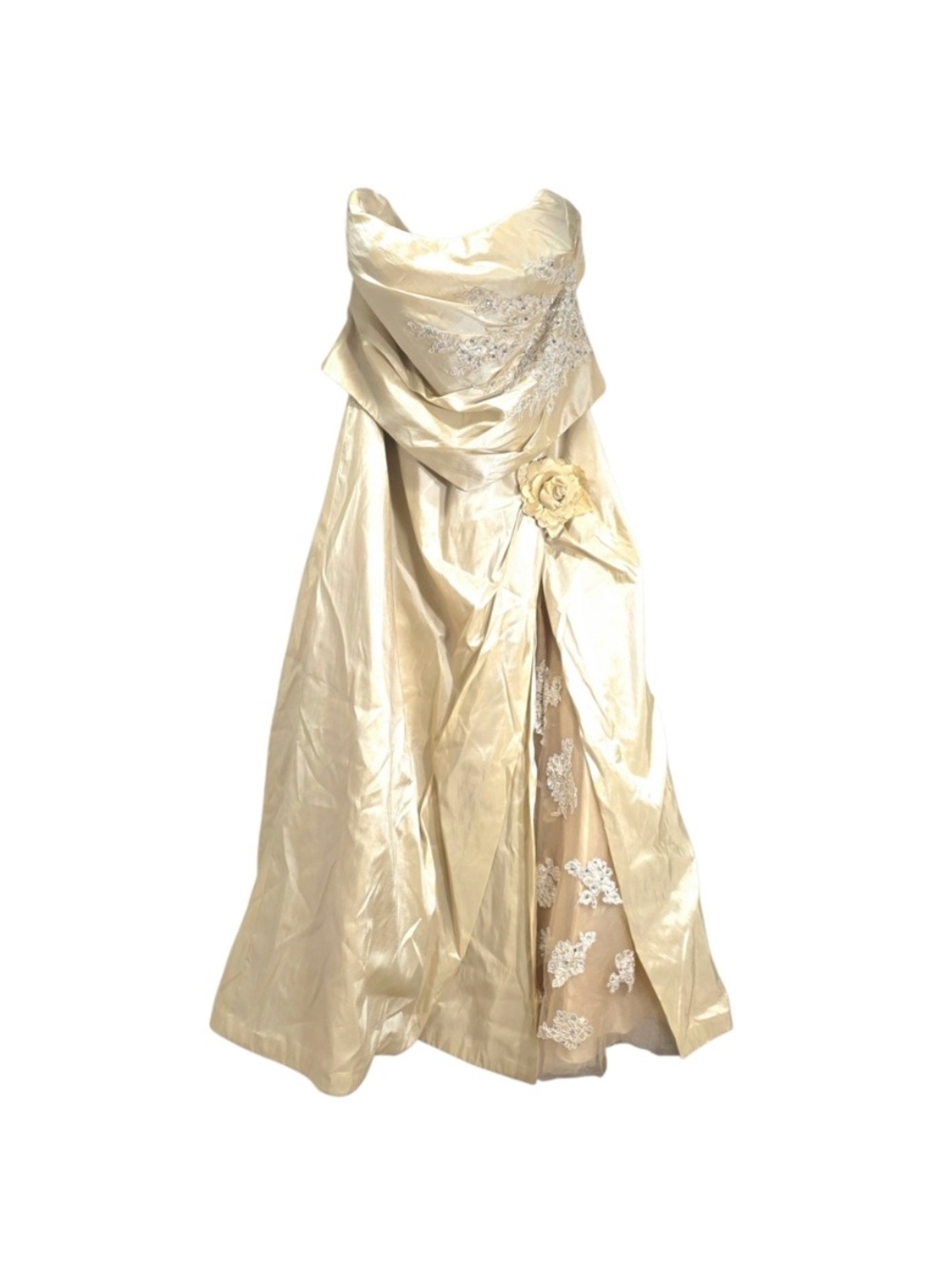Y2K EMBROIDERED CHAMPAGNE & GOLD SATIN STRAPLESS COUTURE BALLGOWN